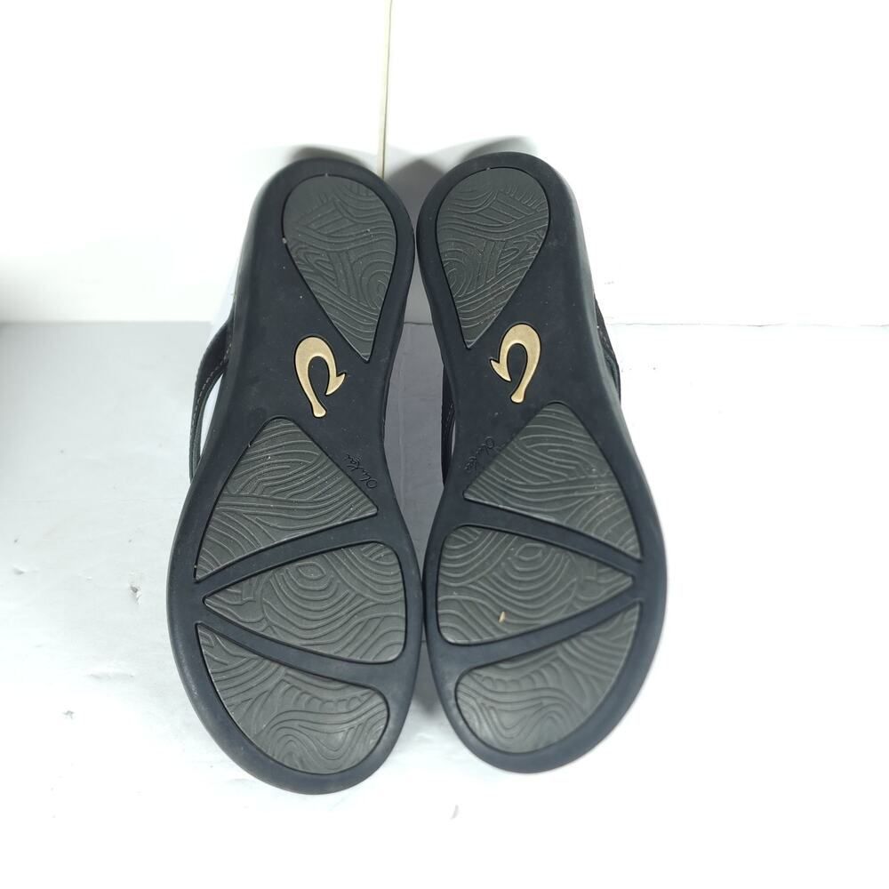 Olukai Women's Hono US8? Black Leather Slip On Flat Thong Flip Flop Sandals - Picture 12 of 16